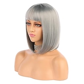 voordelige Synthetische trendy pruiken-korte bob haar pruiken 12 recht met platte pony synthetische kleurrijke cosplay dagelijkse feestpruik voor vrouwen natuurlijk als echt haar