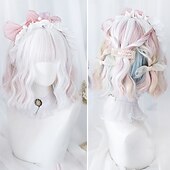 baratos Perucas de festa-Peruca Curta de Onda Natural resistente ao calor Cabelo sintético peruca bob Lolita adolescente com franja Cabelo de Cosplay peruca completa feminina Perucas de Halloween