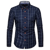 billiga Button Down-skjortor för män-Herr Skjorta Pläd / Rutig Bröllop Kontor &amp; Karriär Vit Mörkblå Grå Långärmad Nedvikt Sommar Vår Kläder Framficka