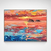 cheap Landscape Paintings-Oil Painting Handmade Hand Painted Wall Art Seascape Sunrise Abstract Bedroom Decoration Paintings Home Decoration Decor Stretched Frame Ready to Hang