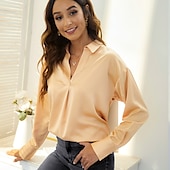 preiswerte Elegante Oberteile-Damen Bluse Weiß Rote Leicht Braun Glatt Langarm Arbeit Wochenende Strassenmode Hemdkragen Standard Seide wie Satin S