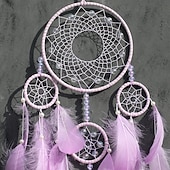 cheap Dreamcatcher-Dream Catcher Handmade Gift  with 5 Circles Feather Bead Flower Wall Hanging Decor Art Boho Style 16*70cm