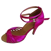 billige Sko til latindans-latinske dansesko i lilla sateng – ballsalhæler med stropper med åpen tå og ankelstropp for salsa, tango og ytelse