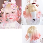 baratos Perucas de festa-Peruca Curta de Onda Natural resistente ao calor Cabelo sintético peruca bob Lolita adolescente com franja Cabelo de Cosplay peruca completa feminina Perucas de Halloween