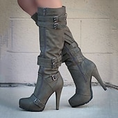 voordelige Mode laarzen-beige dames kniehoge stiletto laarzen met gespbandjes en rits aan de zijkant, sexy hoge hak laarzen voor een modieuze avond uit