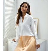 preiswerte Elegante Oberteile-Damen Bluse Weiß Rote Leicht Braun Glatt Langarm Arbeit Wochenende Strassenmode Hemdkragen Standard Seide wie Satin S