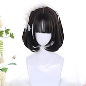 お買い得  パーティーウィッグ-合成ショートボブ カラー ロリータアニメウィッグ エアバング付き 女性用 ナチュラルフェイクヘア ブラック ブルー ロリータ コスプレウィッグ ハロウィンウィッグ