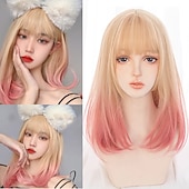 baratos Perucas de festa-Peruca Curta de Onda Natural resistente ao calor Cabelo sintético peruca bob Lolita adolescente com franja Cabelo de Cosplay peruca completa feminina Perucas de Halloween