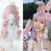 tanie Peruki imprezowe-Długa Ombre Kolorowa Syntetyczna Peruka Cosplay Lolita Harajuku z Grzywką Naturalne Fale Różowa Fioletowa Niebieska Codzienna Peruka Halloween