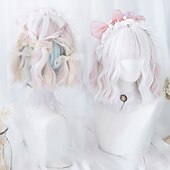 baratos Perucas de festa-Peruca Curta de Onda Natural resistente ao calor Cabelo sintético peruca bob Lolita adolescente com franja Cabelo de Cosplay peruca completa feminina Perucas de Halloween