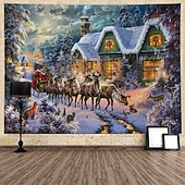 baratos tapeçaria de paisagem-tapeçaria de parede inverno país das maravilhas rena arte decoração fotografia fundo pendurado quarto sala estar decoração árvore floco de neve vela presente lareira
