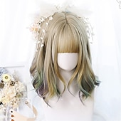 お買い得  パーティーウィッグ-合成ショートボブ カラー ロリータアニメウィッグ エアバング付き 女性用 ナチュラルフェイクヘア ブラック ブルー ロリータ コスプレウィッグ ハロウィンウィッグ
