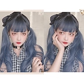 tanie Peruki imprezowe-Długa Ombre Kolorowa Syntetyczna Peruka Cosplay Lolita Harajuku z Grzywką Naturalne Fale Różowa Fioletowa Niebieska Codzienna Peruka Halloween