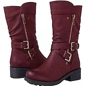 preiswerte Vintage Stiefel-Rote Vintage-Kunstlederstiefel für Damen – stilvolles kniehohes Design mit doppelten Schnallenriemen, seitlichem Reißverschluss und bequemer Sohle – perfekt für Herbstmode und Freizeitausflüge