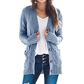 cheap Cardigans &amp; Outerwears-Women&#039;s Cardigan Sweater Casual Soft Solid Color Cable Chunky Open Front Buttons Pocket Long Sleeve Tunic Knit Daily Dark powder Black Fall Winter