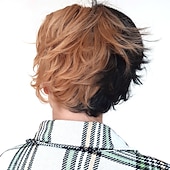 baratos Perucas Casam-perucas brancas e pretas para homens peruca curta preto branco dividido corpo peruca sintética cinto franja menino traje anime peruca RPG micro roll cabelo natural