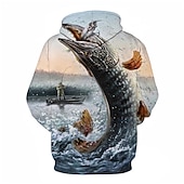 abordables Imprimé animalier-Homme Graphique Poisson Sweat à capuche Sweats à capuche Sweatshirt Streetwear Occasionnel manche longue À capuche Occasionnel Quotidien Bleu Marron Gris Clair Gris Imprimé Printemps &amp; Automne