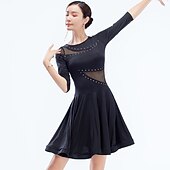 cheap Latin Dancewear-Latin Dance Dress Hollow-out Pure Color Splicing Women&#039;s Performance Training Half Sleeve High Nylon