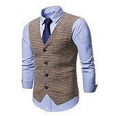 cheap Men&#039;s Vest-Men&#039;s Vest Waistcoat Wedding Daily Streetwear Business Fall Winter Print Polyester Breathable Houndstooth Single Breasted Turndown Regular Fit Black Coffee Vest