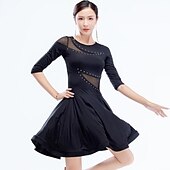 cheap Latin Dancewear-Latin Dance Dress Hollow-out Pure Color Splicing Women&#039;s Performance Training Half Sleeve High Nylon