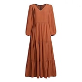 baratos Vestidos Florais-Mulheres Vestido Swing Vestido Longo Vestido Maxi Verde Escuro Marron Preto Manga Longa Cor imaculada Franzido Pregueado Patchwork Outono Primavera Decote V Boho Casual Vestido de outono Manga
