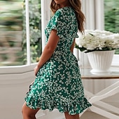 abordables Robes fleuries élégantes-Femme Mini robe Robe vert émeraude Robe Portefeuille mode basique Romantique Vacances du quotidien Rendez-vous Standard Floral Manche Courte Col V bleu marine Vert Eté Printemps
