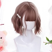 お買い得  パーティーウィッグ-合成ショートボブ カラー ロリータアニメウィッグ エアバング付き 女性用 ナチュラルフェイクヘア ブラック ブルー ロリータ コスプレウィッグ ハロウィンウィッグ