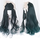 tanie Peruki imprezowe-Długa Ombre Kolorowa Syntetyczna Peruka Cosplay Lolita Harajuku z Grzywką Naturalne Fale Różowa Fioletowa Niebieska Codzienna Peruka Halloween
