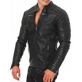 お買い得  メンズジャケット＆コート-男性用 レザージャケット トランジションジャケット バイカージャケット オートバイのジャケット アウトドア カジュアル／普段着 防風 保温 調整可能 秋 ピュアカラー パンクスタイル カジュアル 普段着 スタンド レギュラー レギュラー 合皮 スリム ブラック ルビーレッド ジャケット