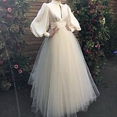ieftine Wedding Dresses-Hall Formal Fall Wedding Dresses A-Line High Neck Long Sleeve Floor Length Satin Bridal Gowns With Ruched 2023 Summer Wedding Party, Women's Clothing