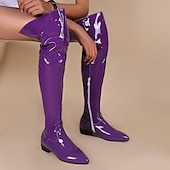 tanie Buty modowe-damskie czarne lakierowane buty gogo za kolano z niskim obcasem i bocznym zamkiem błyskawicznym – eleganckie i stylowe obuwie na imprezy, wydarzenia modowe i wieczorne wyjścia