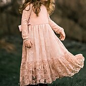 cheap Flower Girl&#039;s Dresses-Kids Girls&#039; Flower Girl Dress Dress Solid Colored Long Sleeve Wedding Party Daily Lace Mesh Embroidered Cute Princess Cotton Maxi A Line Dress Tulle Dress Fall Winter 3-12 Years White Beige