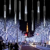 abordables Guirlandes lumineuses à brancher-4 pack pluie de météores guirlandes lumineuses 50cm lumières de noël en plein air décorations extérieures 100-240v 32 tubes 960led guirlandes étanches pour noël fête de mariage arbres de noël mariage de vacances