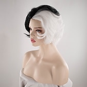 economico Parrucche dei personaggi dei film-101 Dalmata Parrucche Cosplay di Cruella De Vil Parte Centrale per Donne 12 pollici Fibra Resistenti al Calore Riccia Nera e Bianca Parrucca per Adulti e Teen Anime Parrucche di Halloween