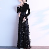 abordables NOIR-Robe de soirée A-Line élégante invitée de mariage bal longueur de sol manches longues sequins de reine Anne avec ceinture  ruban sequins