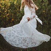 cheap Flower Girl&#039;s Dresses-Kids Girls&#039; Flower Girl Dress Dress Solid Colored Long Sleeve Wedding Party Daily Lace Mesh Embroidered Cute Princess Cotton Maxi A Line Dress Tulle Dress Fall Winter 3-12 Years White Beige