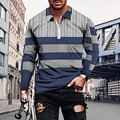 preiswerte Geometrisches Poloshirt für Herren-Herren Gestreift Poloshirts mit Reißverschluss Golfshirt Langarm Polo-Shirts Hemden mit Kragen Lässig Urlaubskleidung Formelle Kleidung Festivalkleidung 3D-Druck Viertelreißverschluss-Poloshirt Wei