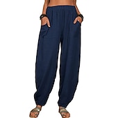 cheap Plain Cotton Linen Pant-Women&#039;s Cotton Linen Pants Baggy Pants Harem Pants Comfort Solid Color Pocket Elastic Waist Causal Black White Army Green Dark Navy Summer Spring Fall