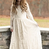 cheap Flower Girl&#039;s Dresses-Kids Girls&#039; Flower Girl Dress Dress Solid Colored Long Sleeve Wedding Party Daily Lace Mesh Embroidered Cute Princess Cotton Maxi A Line Dress Tulle Dress Fall Winter 3-12 Years White Beige