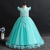 baratos Vestidos floridos-Infantil Para Meninas Vestido de daminha de honra Vestido Jacquard Sem Manga Casamento Festa Ocasião Especial Com Transparência Estilo bonito Princesa Poliéster Longo Vestido rosa princesa Vestido de