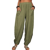 cheap Plain Cotton Linen Pant-Women&#039;s Cotton Linen Pants Baggy Pants Harem Pants Comfort Solid Color Pocket Elastic Waist Causal Black White Army Green Dark Navy Summer Spring Fall