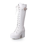 cheap Platform Boots-Women&#039;s Black Platform Lace-Up Knee-High Boots with Chunky Heels and Buckle Detail – Gothic or Punk Style for Fall and Winter