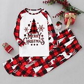 ファミリールック クリスマスファミリーパジャマ パジャマ チェック レタード スポーツ プリント ルビーレッド 長袖 ベーシック マッチング衣装 お買い得  子供のクリスマスパジャマ-ファミリールック クリスマスファミリーパジャマ パジャマ チェック レタード スポーツ プリント ルビーレッド 長袖 ベーシック マッチング衣装