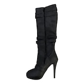 voordelige Mode laarzen-beige dames kniehoge stiletto laarzen met gespbandjes en rits aan de zijkant, sexy hoge hak laarzen voor een modieuze avond uit