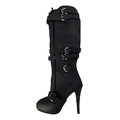 voordelige Mode laarzen-beige dames kniehoge stiletto laarzen met gespbandjes en rits aan de zijkant, sexy hoge hak laarzen voor een modieuze avond uit