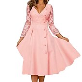 abordables Robe de cocktail-Femme Robe mi-longue Robe dentelle robe soirée Robe Évasée Robe Trapèze Elégant Décontractées Mature Vacances du quotidien Rendez-vous Standard Couleur monochrome Manches 3/4 Col V Rose Claire Et