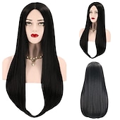 economico Parrucche da festa-parrucche per costume morticia addams la famiglia addams parrucca lunga liscia riga in mezzo parrucca sintetica costume di carnevale