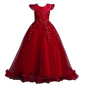 baratos Vestidos floridos-Infantil Para Meninas Vestido de daminha de honra Vestido Jacquard Sem Manga Casamento Festa Ocasião Especial Com Transparência Estilo bonito Princesa Poliéster Longo Vestido rosa princesa Vestido de