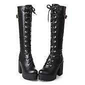 cheap Platform Boots-Women&#039;s Black Platform Lace-Up Knee-High Boots with Chunky Heels and Buckle Detail – Gothic or Punk Style for Fall and Winter