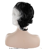 economico Parrucche dei personaggi dei film-101 Dalmata Parrucche Cosplay di Cruella De Vil Parte Centrale per Donne 12 pollici Fibra Resistenti al Calore Riccia Nera e Bianca Parrucca per Adulti e Teen Anime Parrucche di Halloween